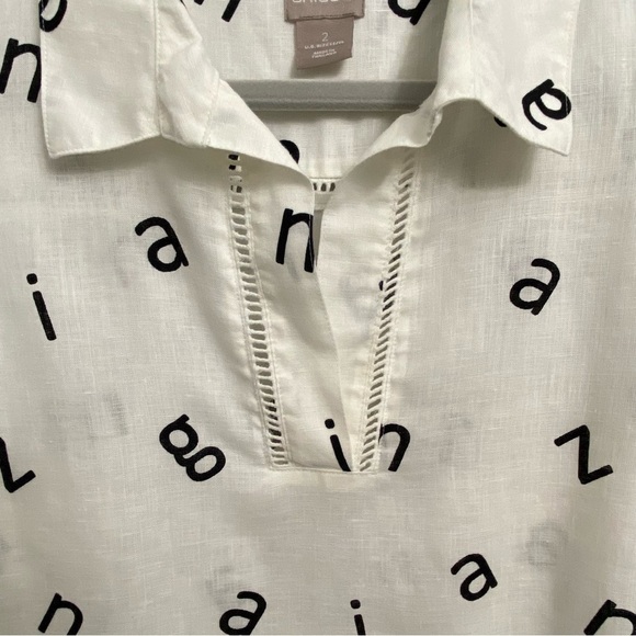 CHICOS / No-Iron Linen Letter Print Tunic Size 2 Medium - Picture 7 of 11